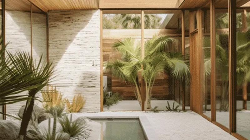 An elegant house courtyard pool, with an American mid-century design influence, desertwave aesthetic, enigmatic tropical landscaping, vintage accents and intricate architectural details