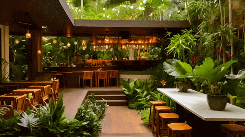 Image of The Jungle Café, designed in an intriguing fusion of modernist sensibilities and brutalism, with landscape inspirations drawn from the enigmatic tropics and Australian landscape, accentuated with wooden elements and a sabattier effect.