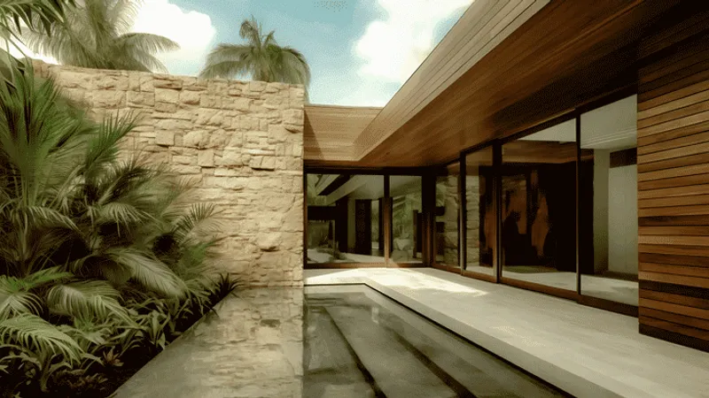 Image of a tropical timber-clad house exemplifying American mid-century design, constructed with clean lines, pure forms, and stone elements.