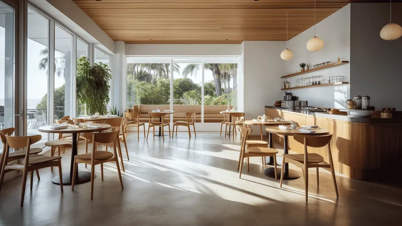 Modern restaurant interior featuring beautiful wooden chairs and tables. The space exhibits a mid-century modern design and organic minimalism.