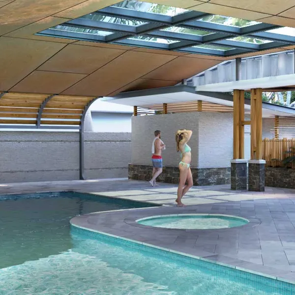 Pool area with roof for privacy and natural light infusion.