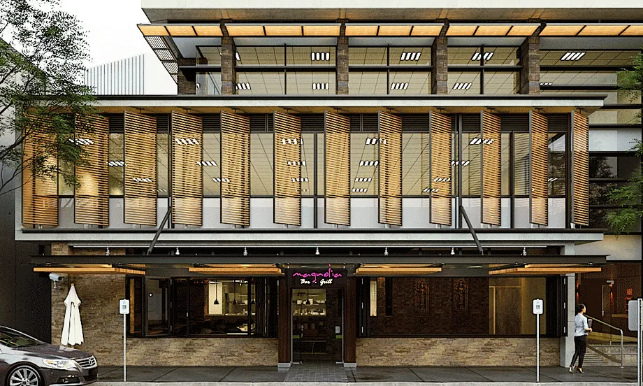 Exterior view of the mixed used concept design, showing wood veneer mosaics, symmetry, repetition, and car parking, reflecting traditional Japanese artistic techniques in a modernist approach