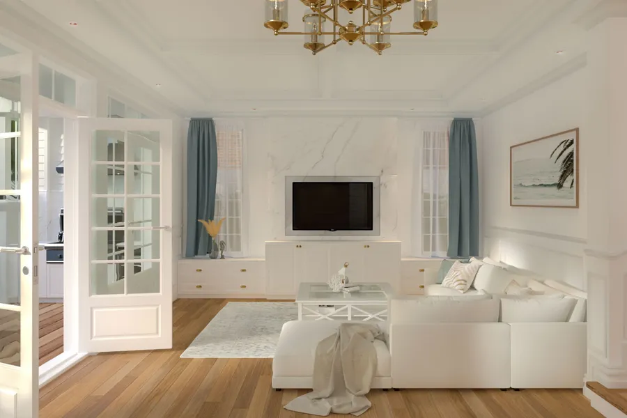 Spacious living room portraying an elegant, simple style, featuring a large white sofa and soft, airy design elements