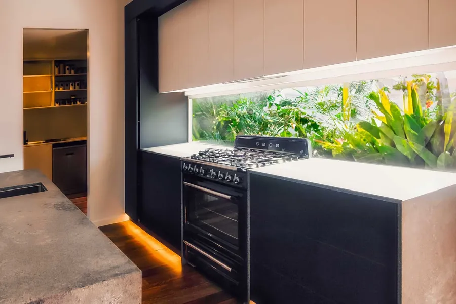 Expanded view of modern kitchen showcasing window splashback revealing lush greenery and flora