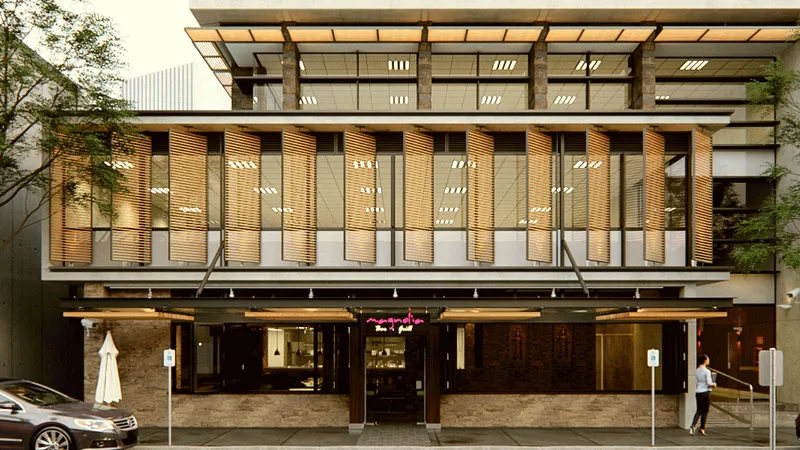 Three-story mixed-use office and restaurant space featuring a sophisticated woodblock, light bronze, and magenta design, combining natural and man-made elements in a Japanese-inspired, elegant formal style
