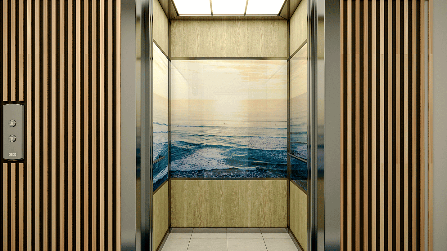 An apartment elevator adorned with oak panelling, featuring a realistically depicted seascape image encased in glass. Exhibits a blend of light navy and bronze hues, varying wood grains, shin hanga style, and a play of acidic and luminous colors.