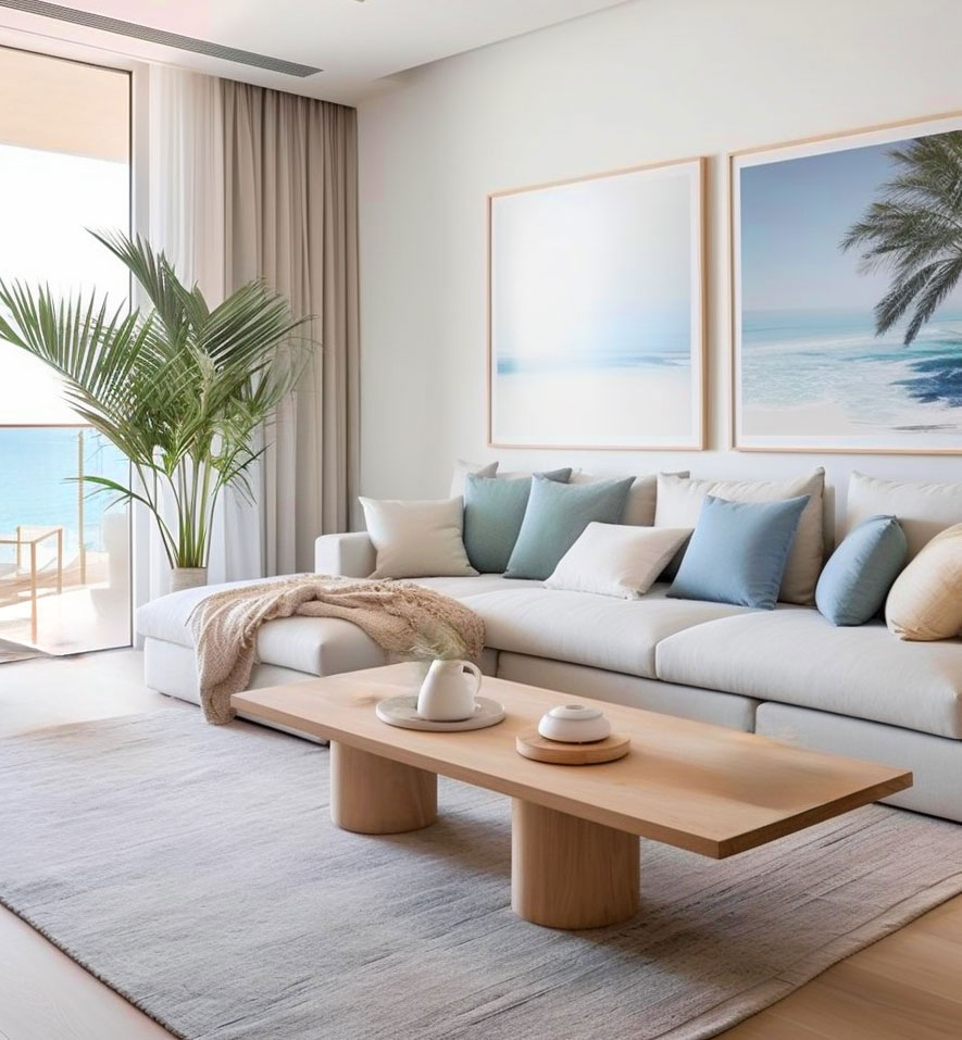 Luxurious living room with white couches and an open sliding door revealing a stunning ocean view, in the style of modernist architecture, showcasing serene oceanic vistas, light bronze and cyan color scheme.