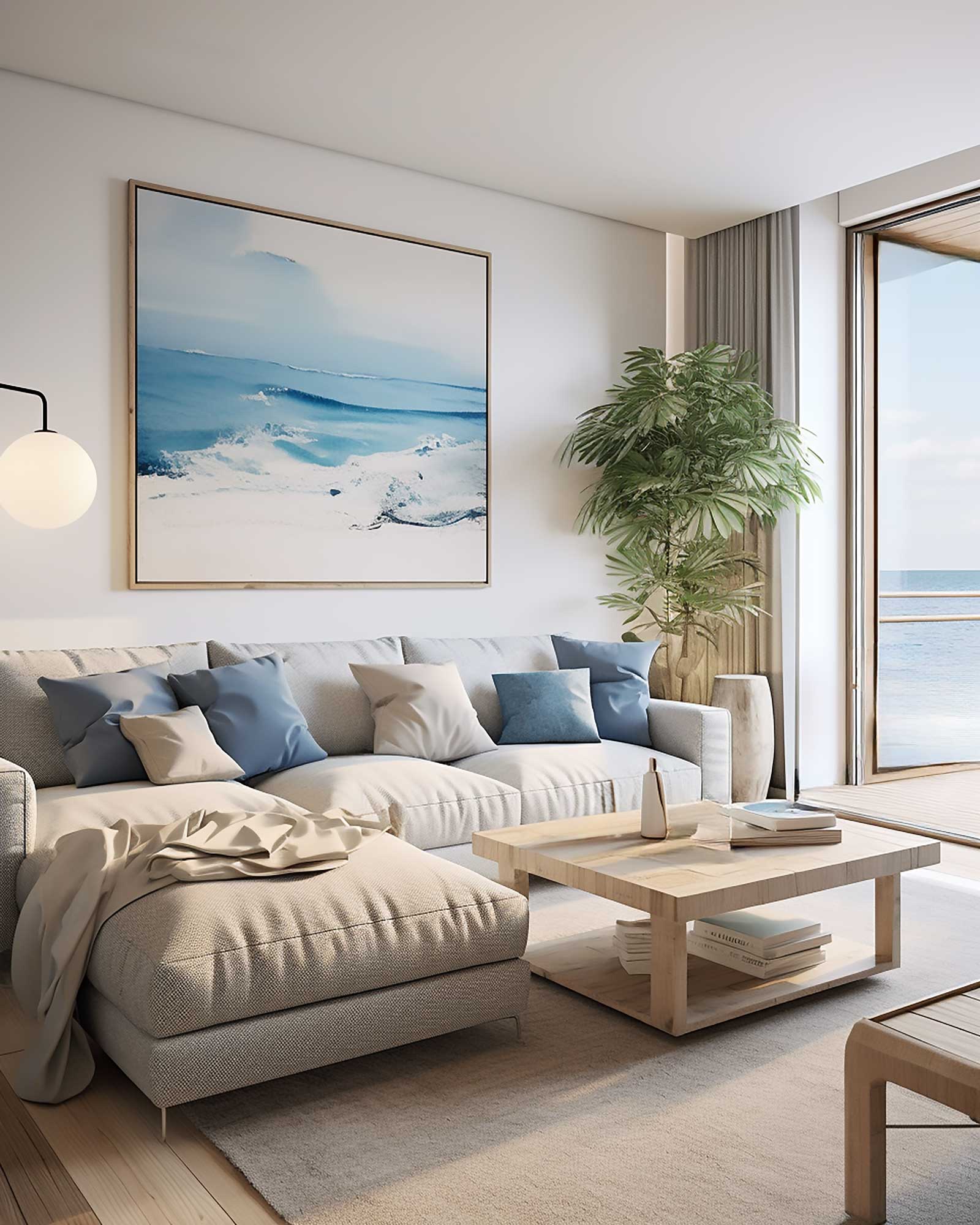 Luxury beach apartment living room with a sweeping ocean view, adorned in hues of white, reflecting a clean-lined, contemporary and modular design.