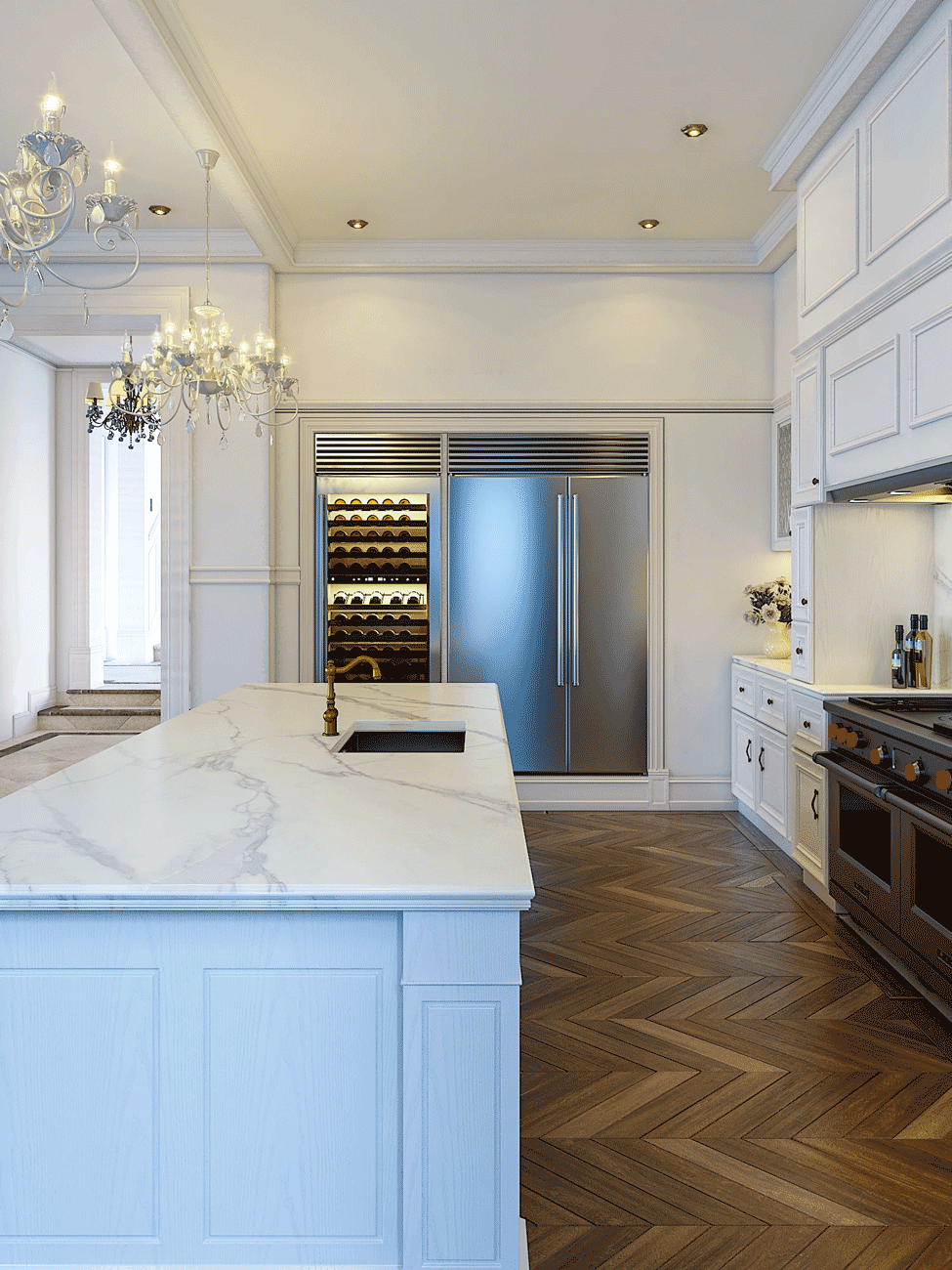 A classic French Provincial style kitchen with herringbone timber flooring, marble benchtops, and a large island bench with a built-in sink and breakfast bar, wine fridge and double under-bench oven