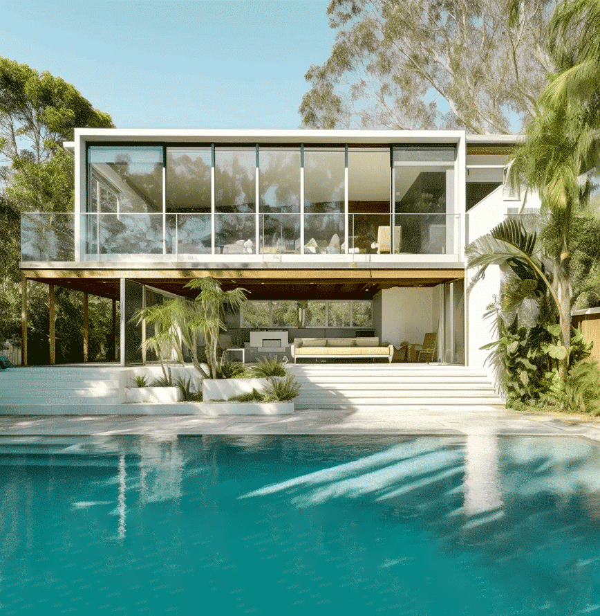 Luxurious contemporary Australian villa with pool, surrounded by lush greenery, designed by Burleigh Beach Designs. Reflecting a perfect blend of vintage minimalism and modern elegance.
