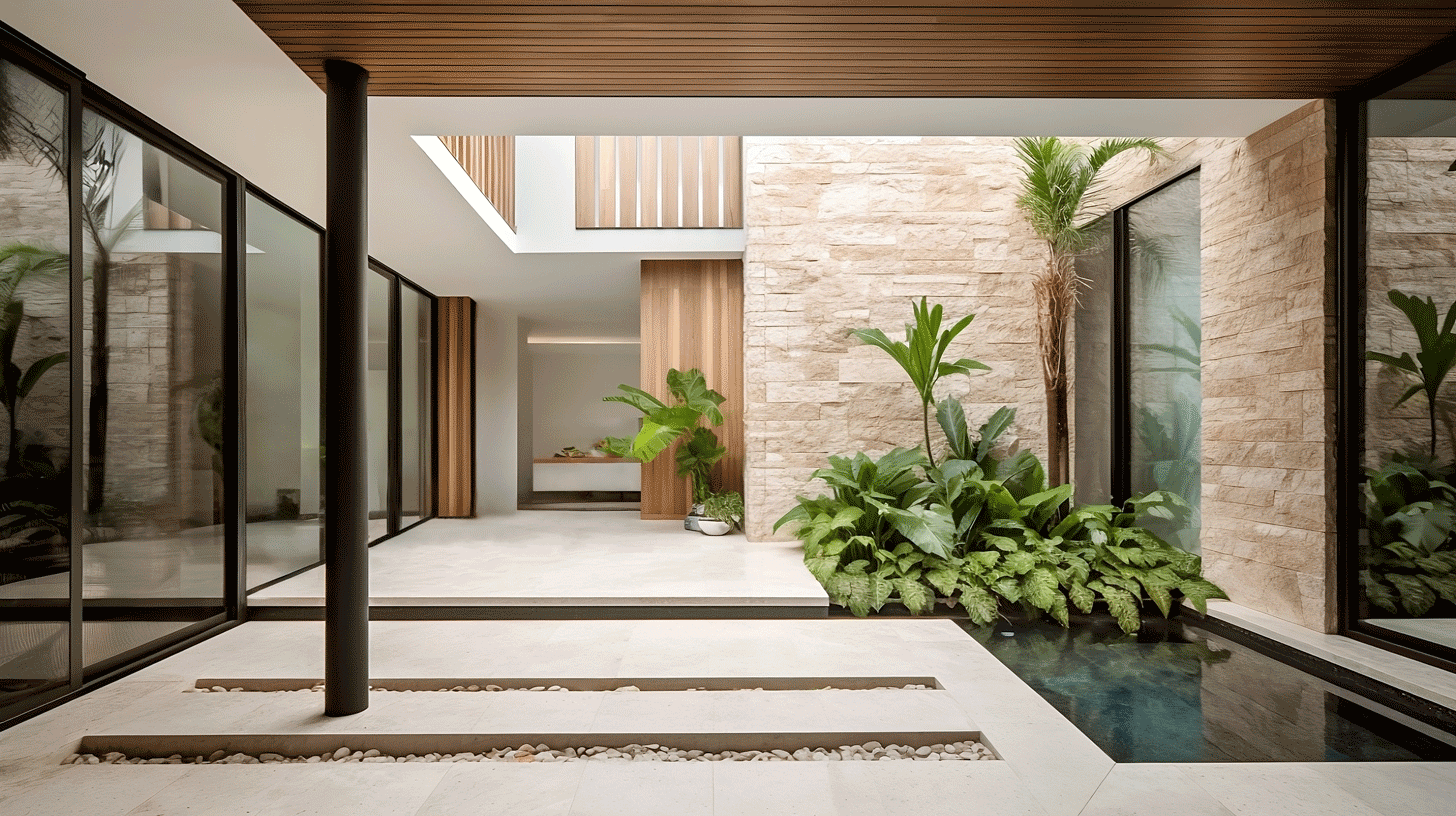 Modern house courtyard entrance with sustainable design, light-filled exterior, and elements of nature-inspired compositions.