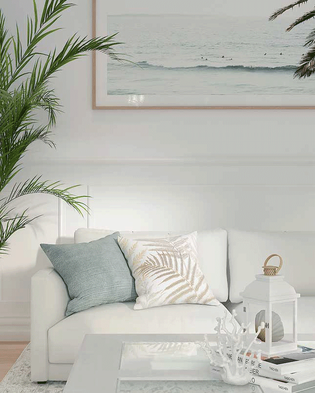 Elegant living room with coastal-inspired white, light gold, and light cyan color scheme. Serene seascape motifs and handcrafted designs create a tranquil, subtly elegant space embodying Australian landscape aesthetics.