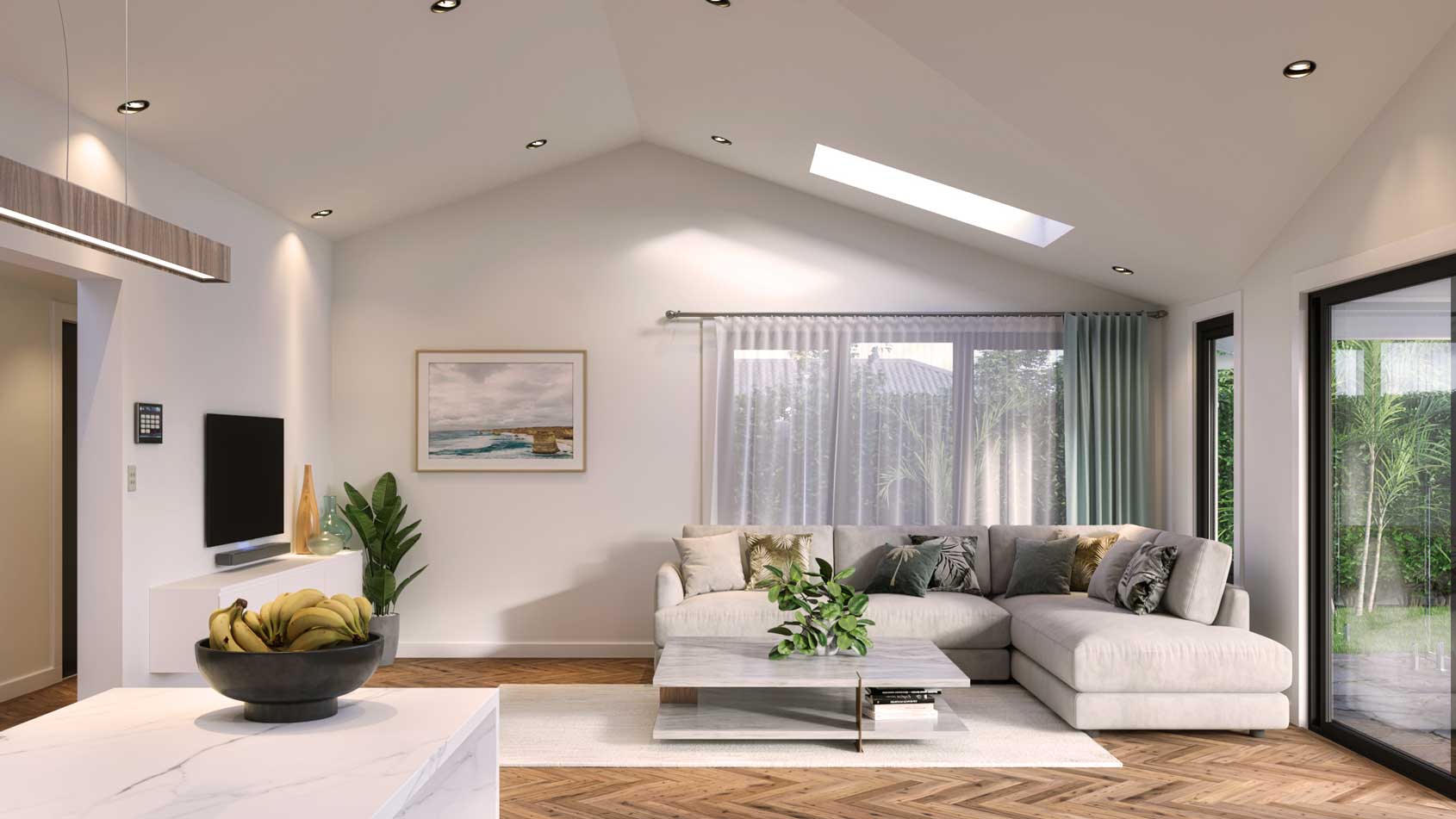 Skylights introduce light from above, filling the room with a soft, diffused glow and giving the room a more spacious and airy feel.