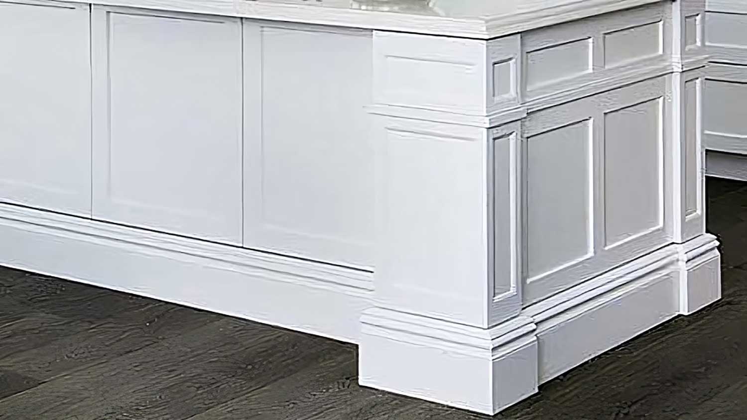 The island bench should include decorative corners and detailed mouldings for more authenticity.