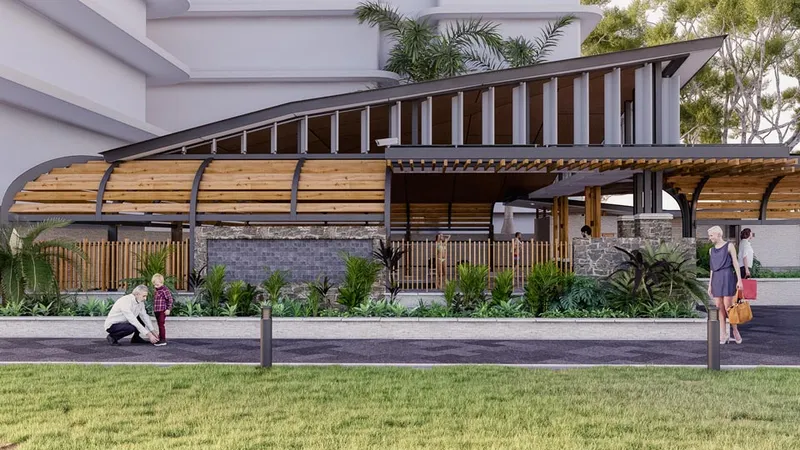 Burleigh Beach Tower Concept - Detail rendering of upgraded pool area showing materials and seating