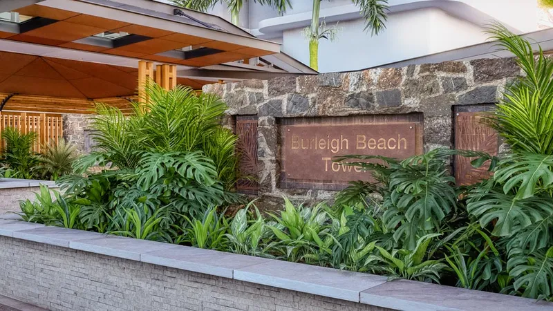 Burleigh Beach Tower Concept - Visualisation of proposed material palette including stone, timber, and planting