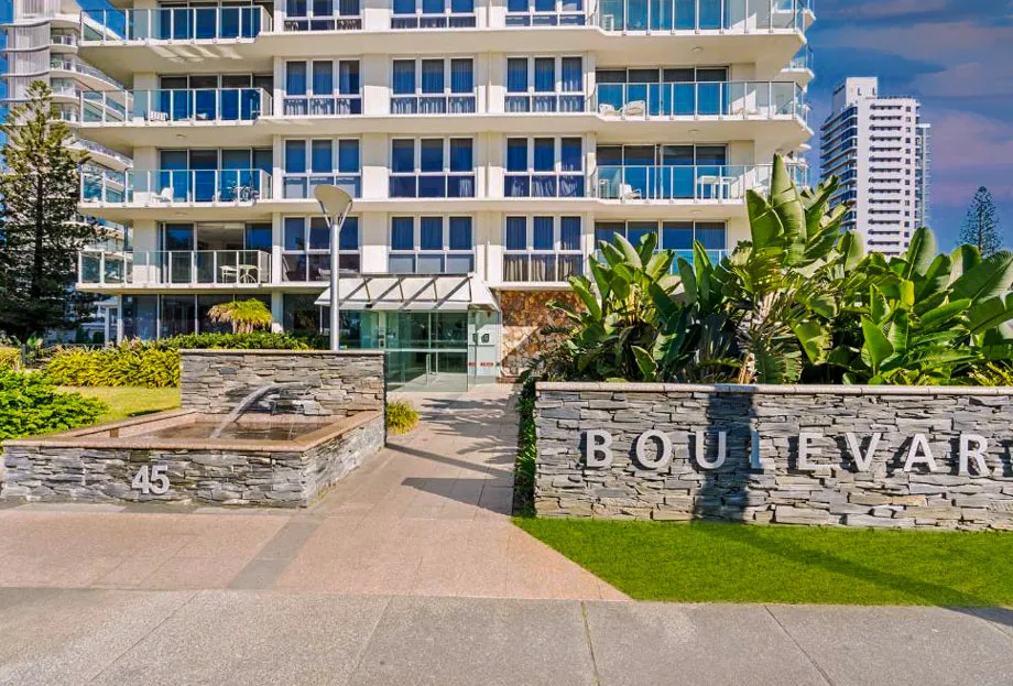 Boulevard Towers building exterior showing completed facade rectification work with ocean views