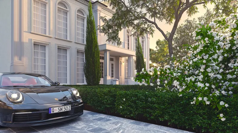 Concept: Elegant French Provincial facade with arched windows and detailed entry.