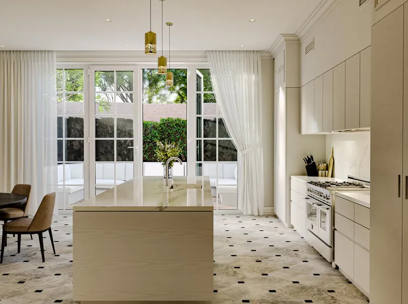 Concept: Modern French Provincial kitchen design blending classic style with family functionality.