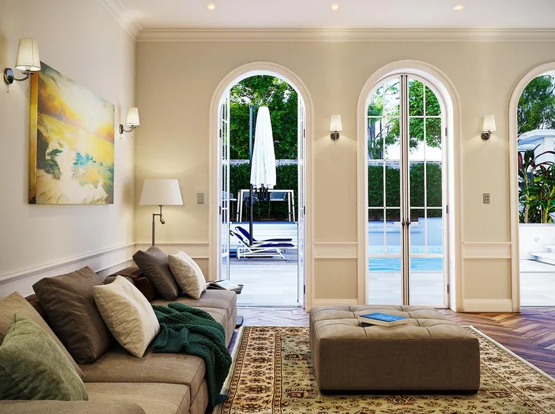 Concept: Integrated outdoor living with pool, travertine paving, and raised pool house lounge area.