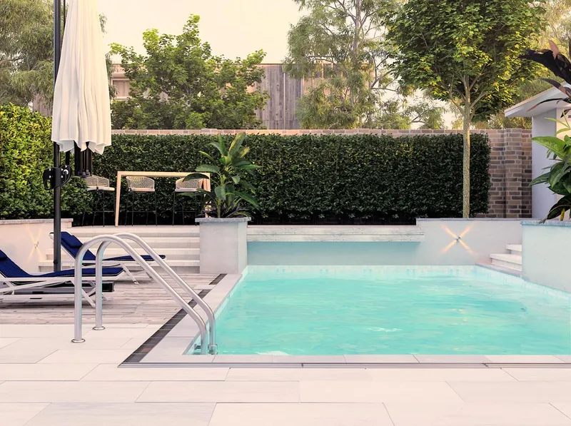 Concept: Perspective view towards the raised pool house and entertaining deck.