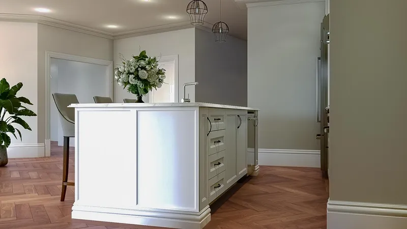 French Provincial Renovation - Upper-level balcony with decorative balustrades overlooking the canal