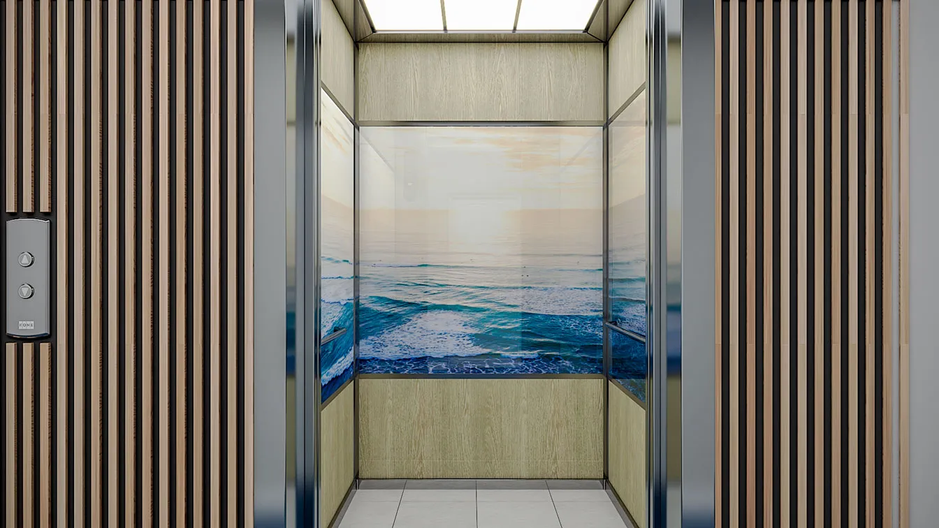 La Pacifique Apartments refurbished lift car interior and modern foyer design with coastal elements