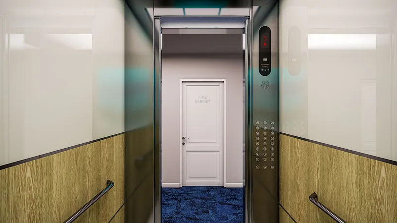 La Pacifique - Lift Car Interior Detail showing coastal graphic panel and timber look finishes