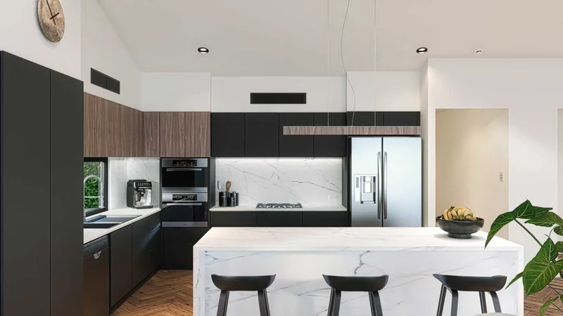 Spacious Gold Coast kitchen featuring a large central island bench with seating for Queensland entertaining.