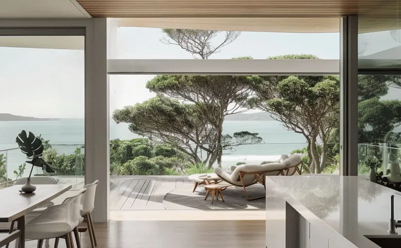 Floor-to-ceiling glass doors opening onto a timber deck overlooking coastal bushland and the ocean.