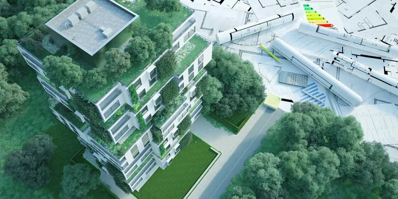 Architectural model showing green roof and sustainable design features.