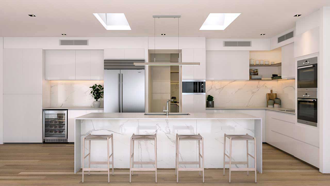 Modern kitchen showing distinct zones for cooking, prep, and storage.