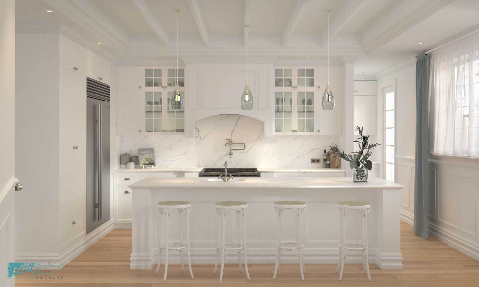Elegant Hamptons style kitchen designed for Gold Coast homes featuring white shaker cabinets and island bench.