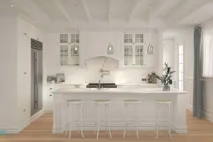Elegant Hamptons style kitchen designed for Gold Coast homes featuring white shaker cabinets and island bench.