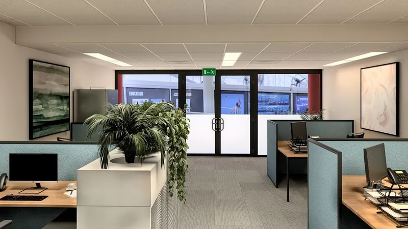 GCPC Admin Office - Detail of suspended acoustic ceiling panel and integrated lighting