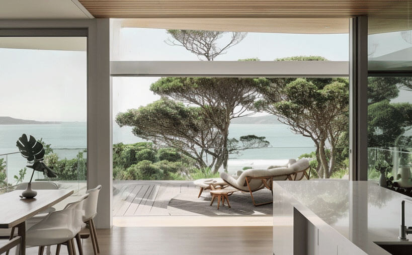 Floor-to-ceiling glass doors opening onto a timber deck overlooking coastal bushland and the ocean.