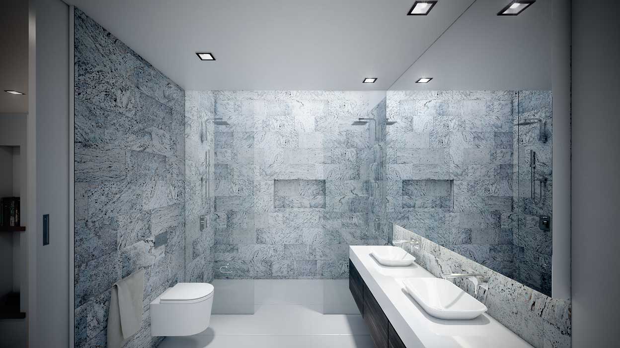 Modern bathroom shower illuminated naturally by a light well from above.