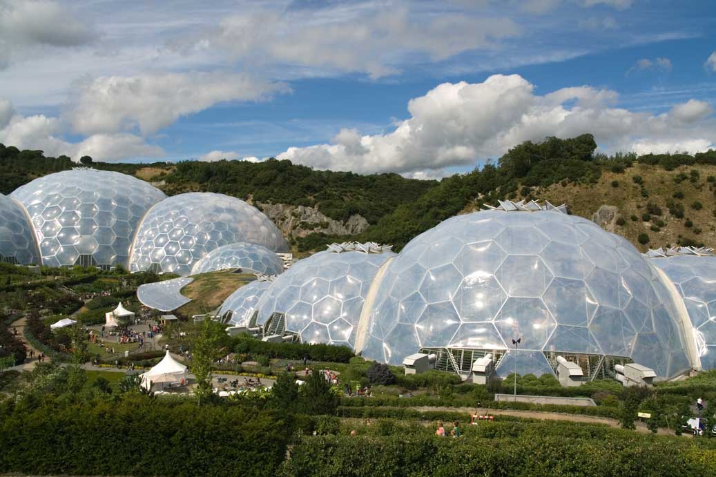 Exterior view of the geodesic domes of The Eden Project in Cornwall.